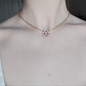 Authentic Chanel Button Necklace - Light Pink And Gold